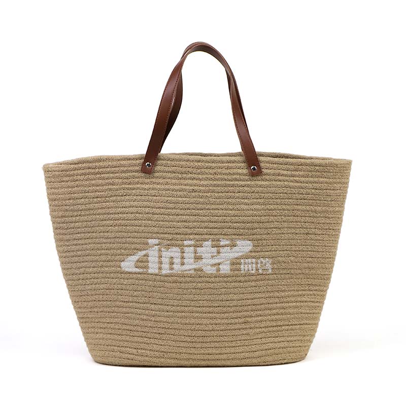 Natural Jute Tote Bag Bucket Shape Leather Handle 1