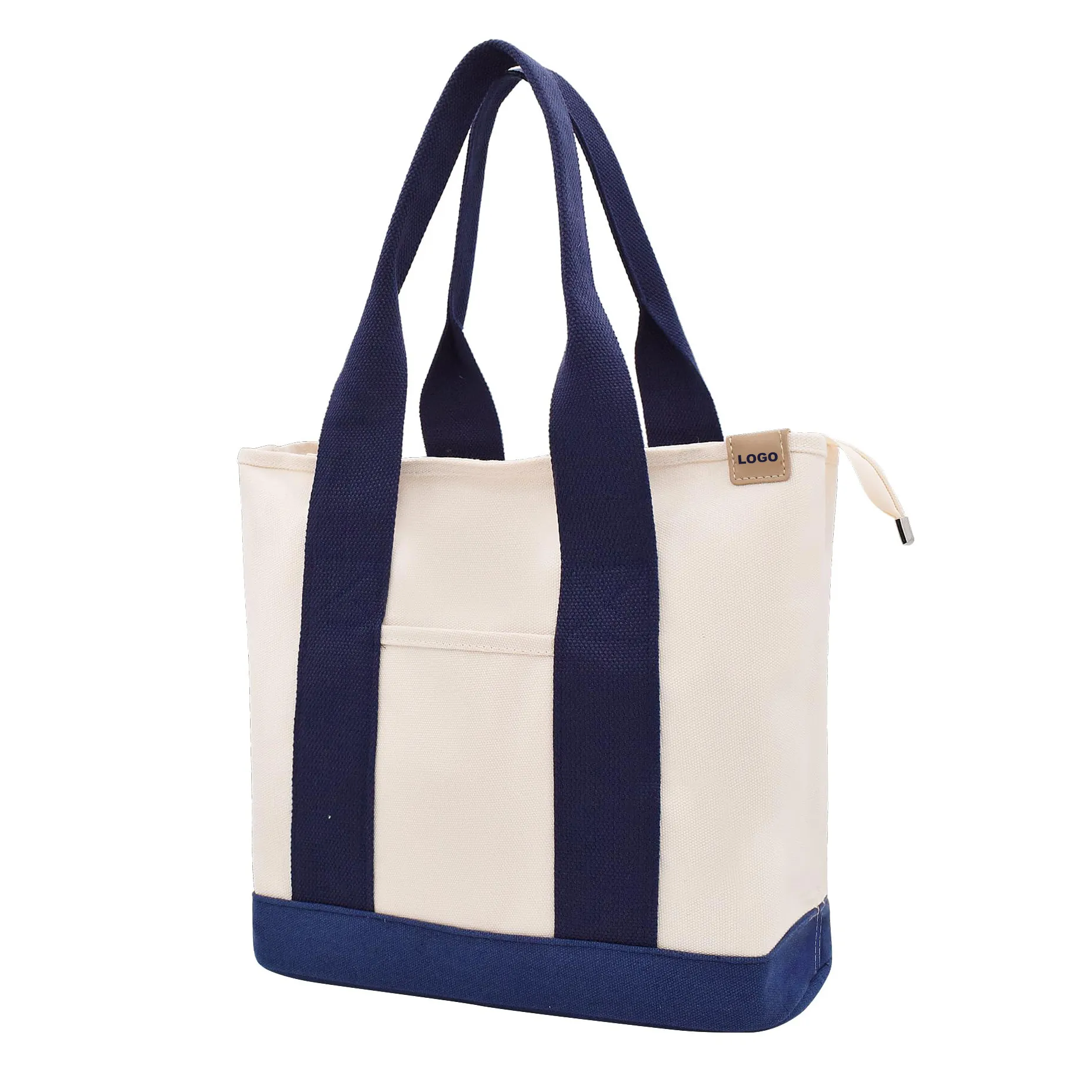 Custom canvas tote bag with zipper and navy handles