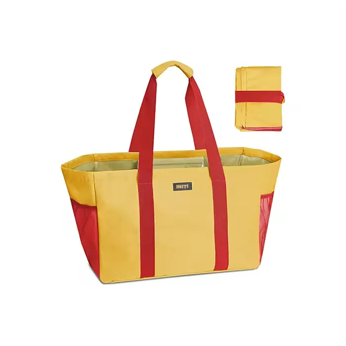 Large foldable utility tote bag with red handles – reusable & eco-friendly