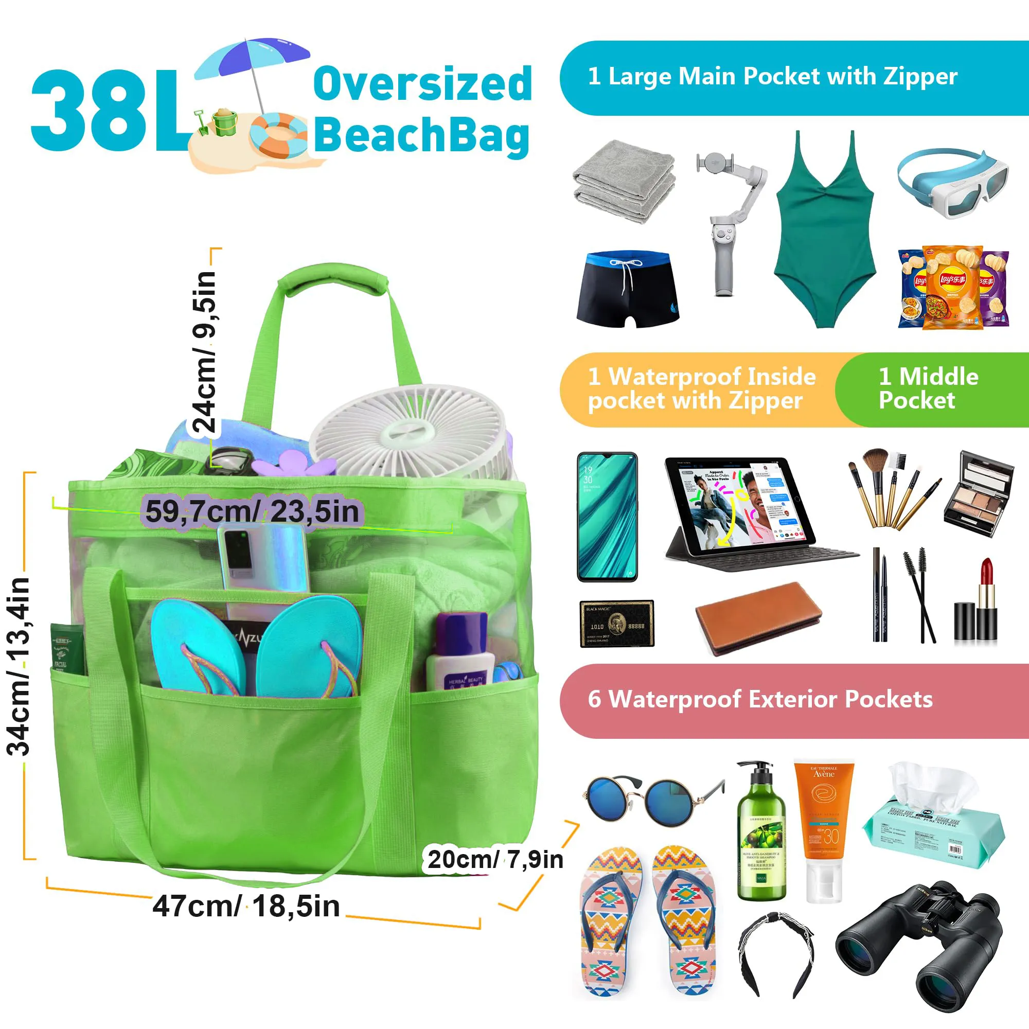 Custom large mesh tote bag with secure design, ideal for beach, travel, and wholesale use