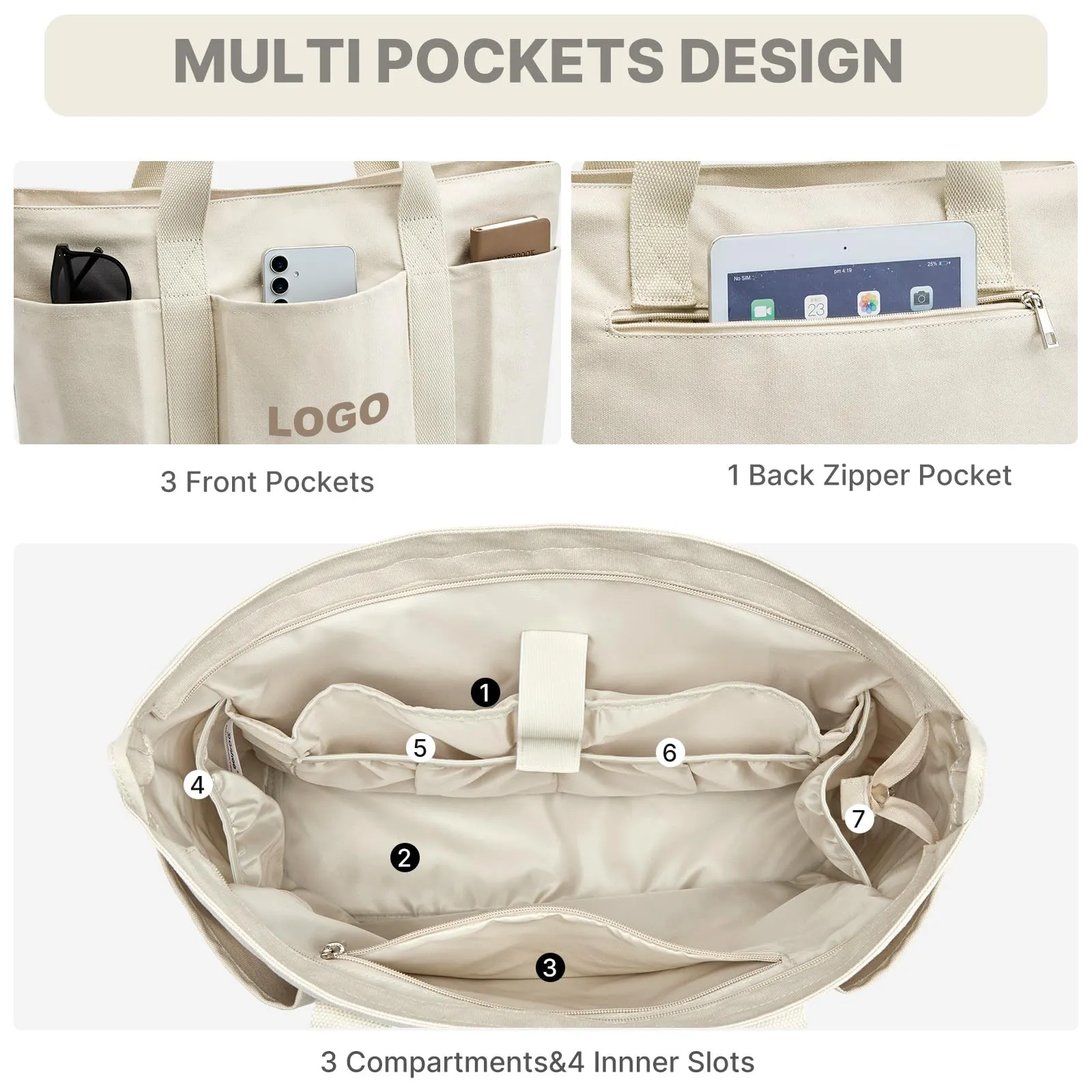 canvas tote bag with multi pocket