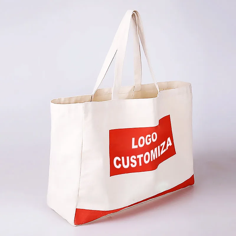 white canvas bag with red logo