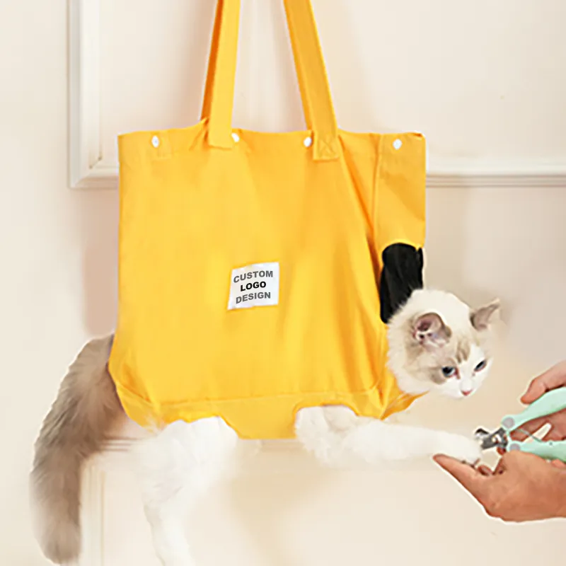 Yellow custom pet tote bag with bottom support plate and secure button closure