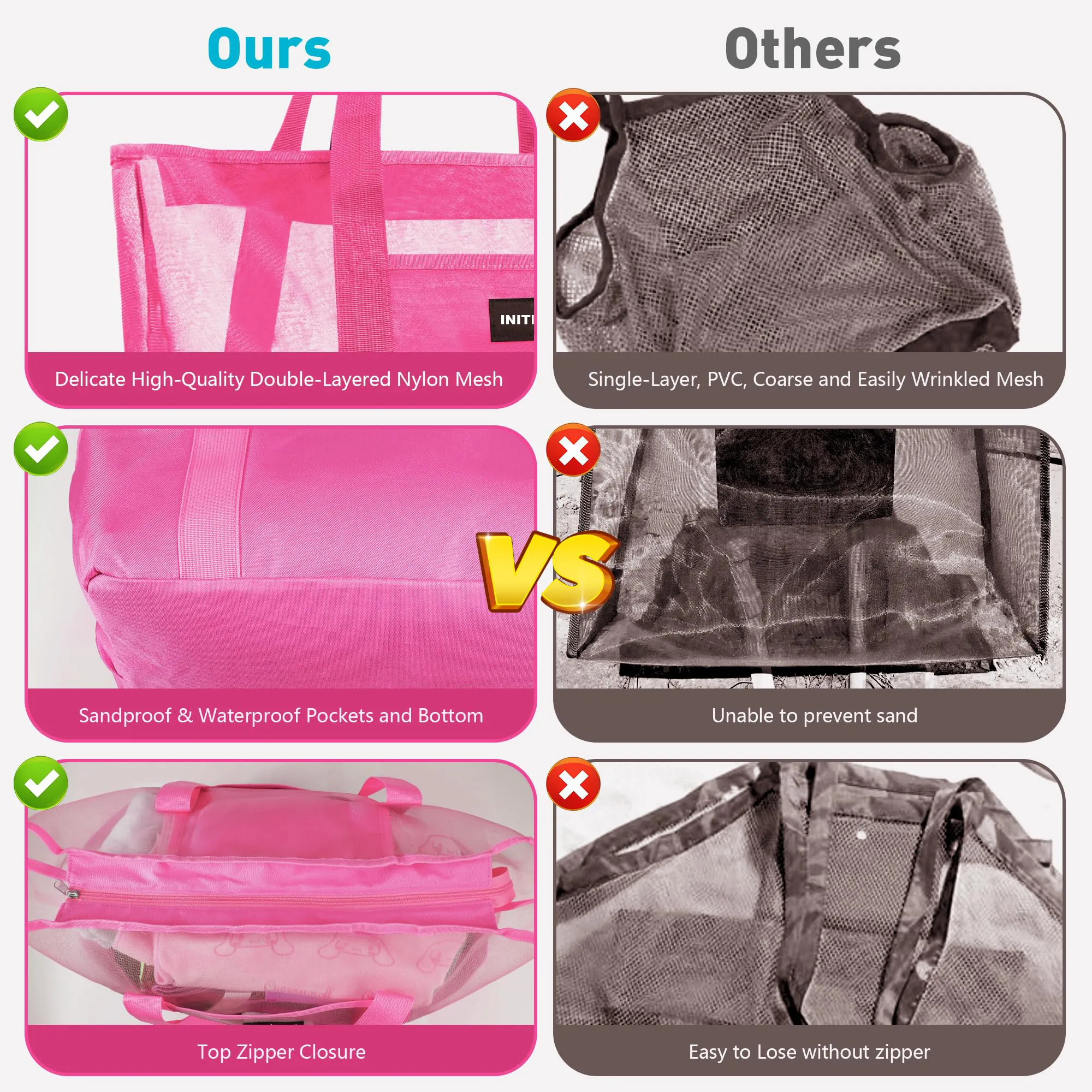 Comparison between INITI mesh tote bag and standard PVC mesh bag highlighting sandproof and waterproof bottom