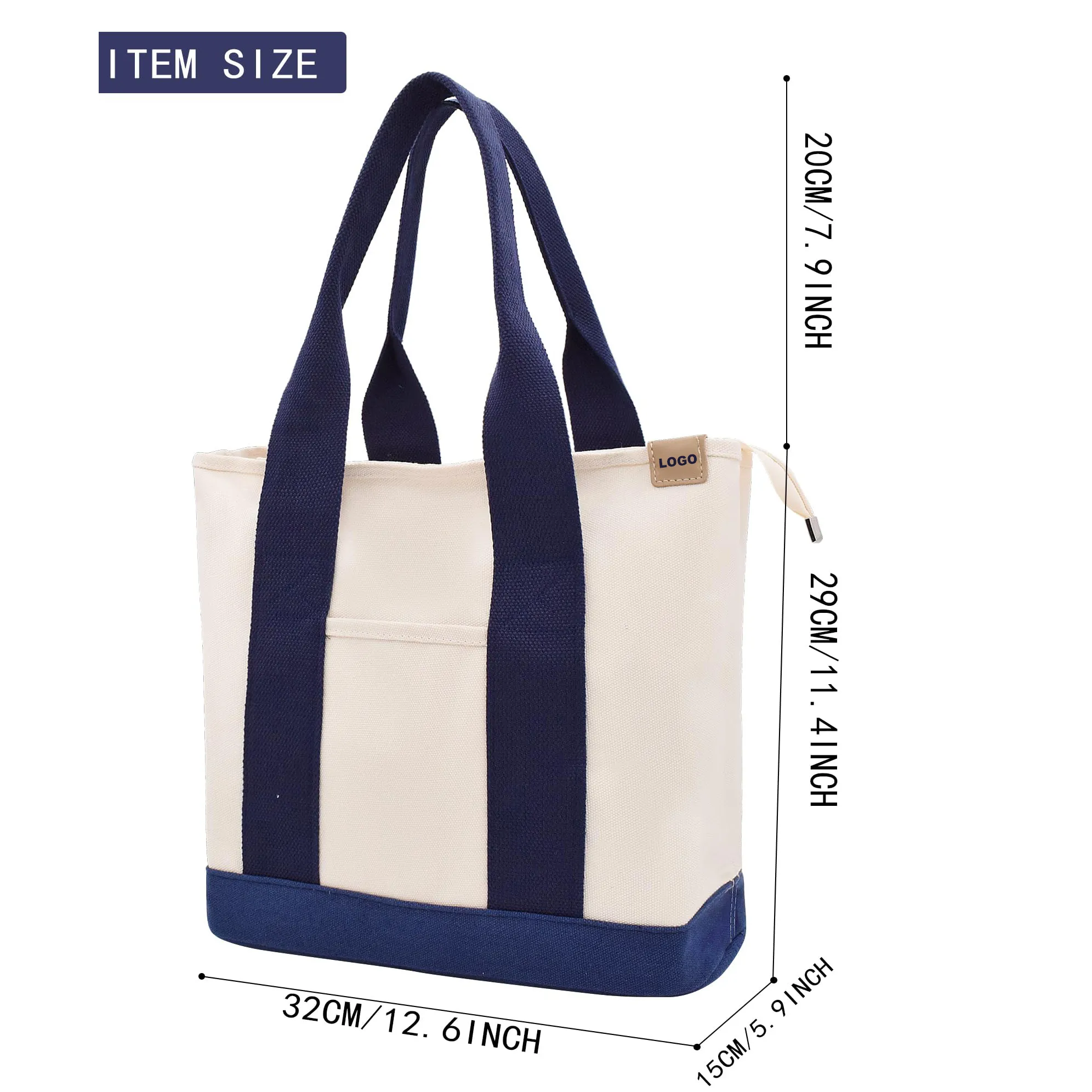 Two-tone canvas tote bag with front pocket and secure zipper