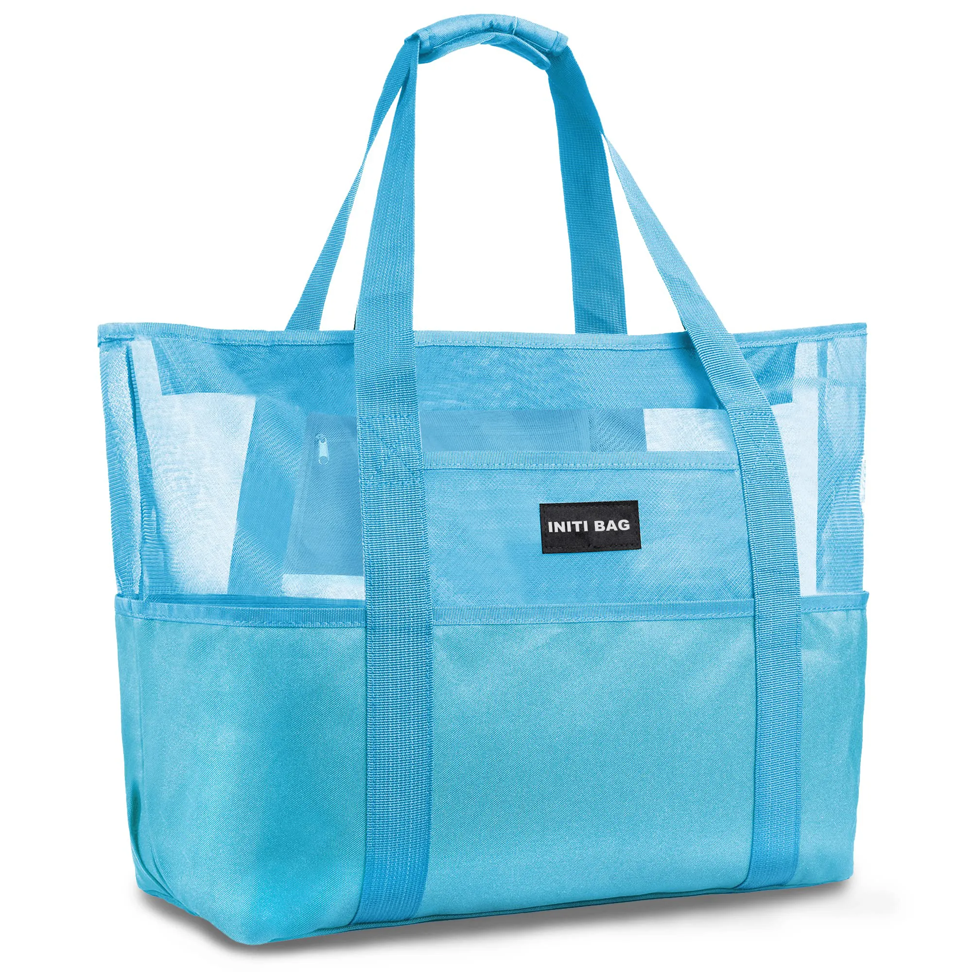High-quality beach mesh tote bag with double-layered nylon and top zipper closure