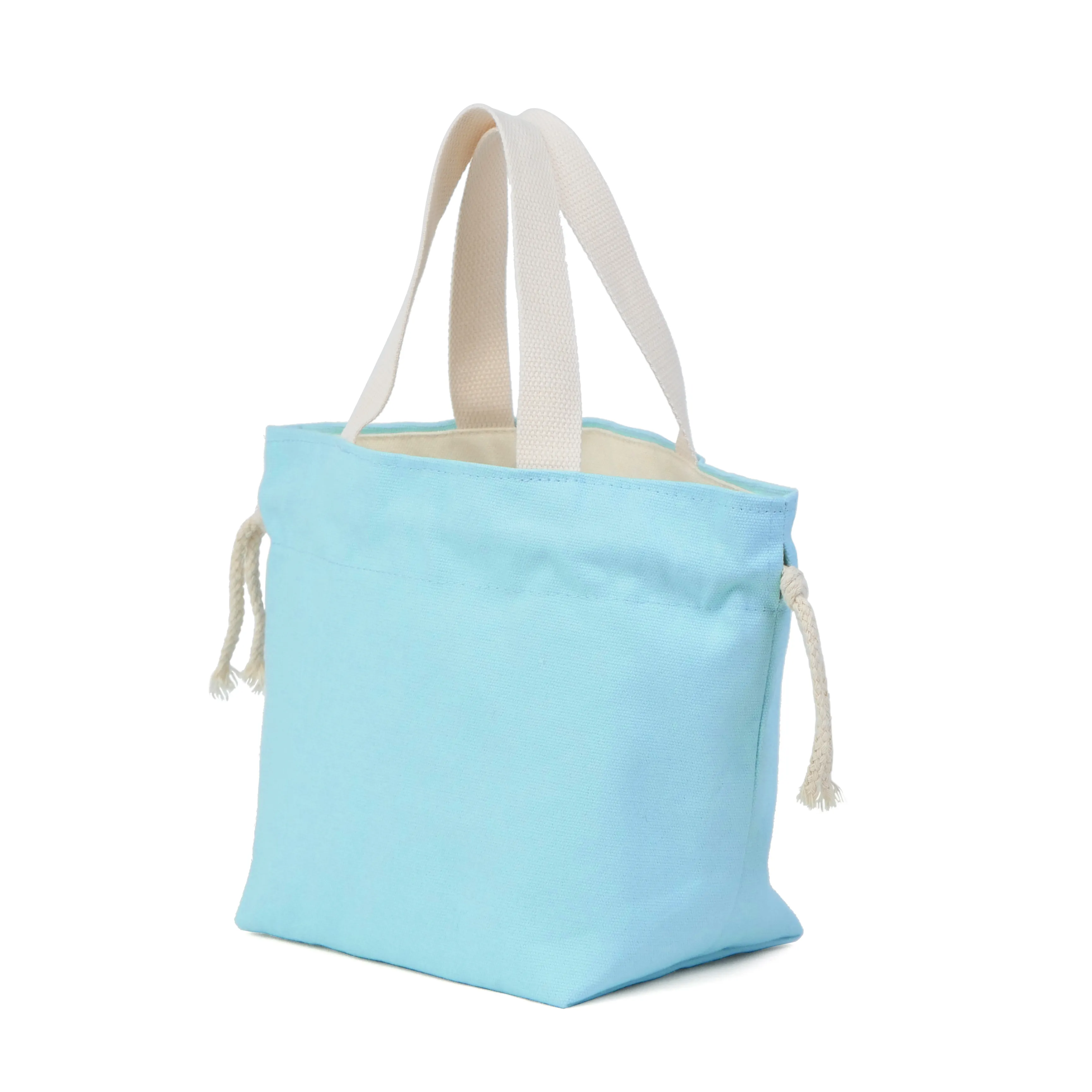 blue drawstring canvas lunch bag