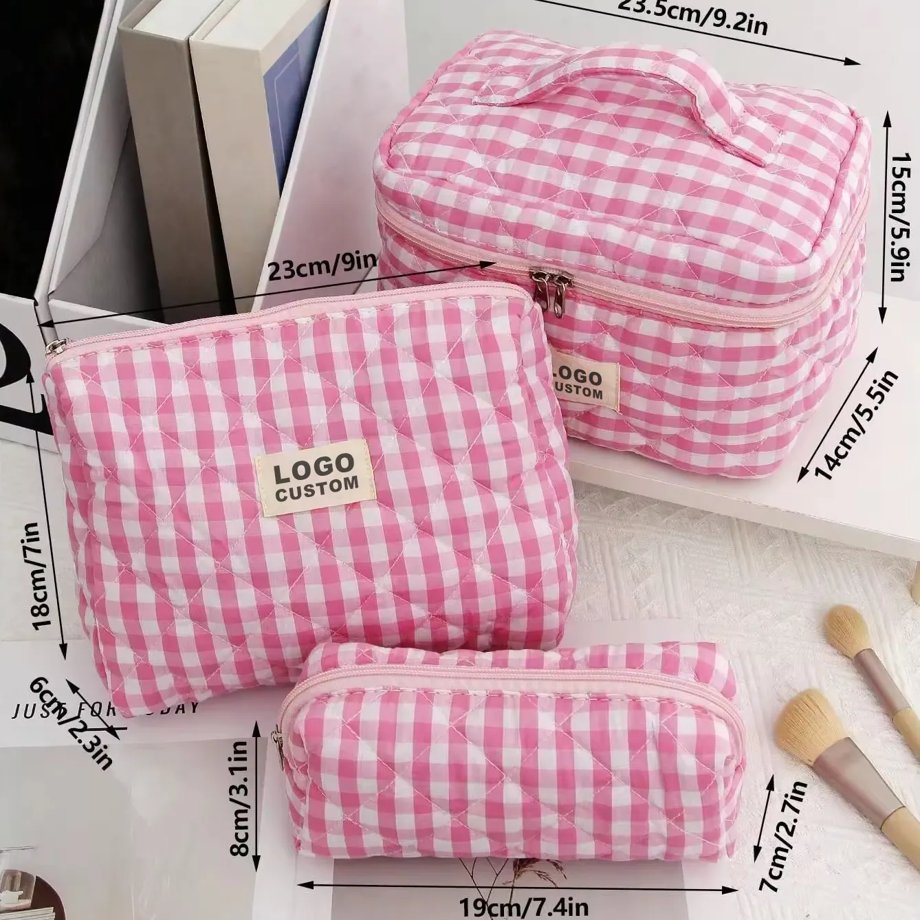 Pink check quilted makeup bag 1