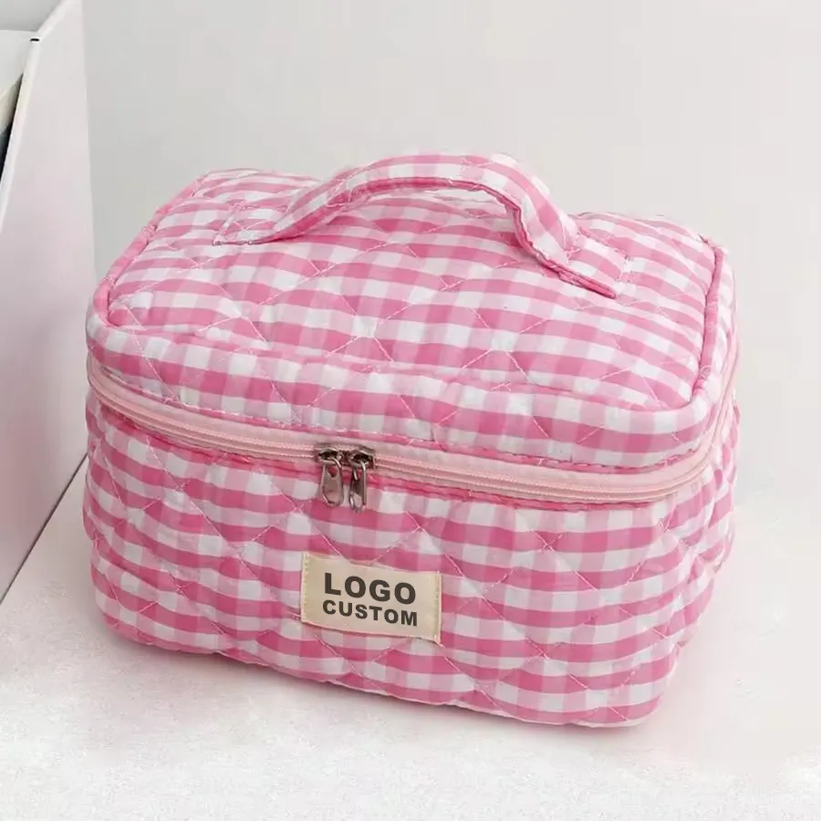 Pink check quilted makeup bag 3